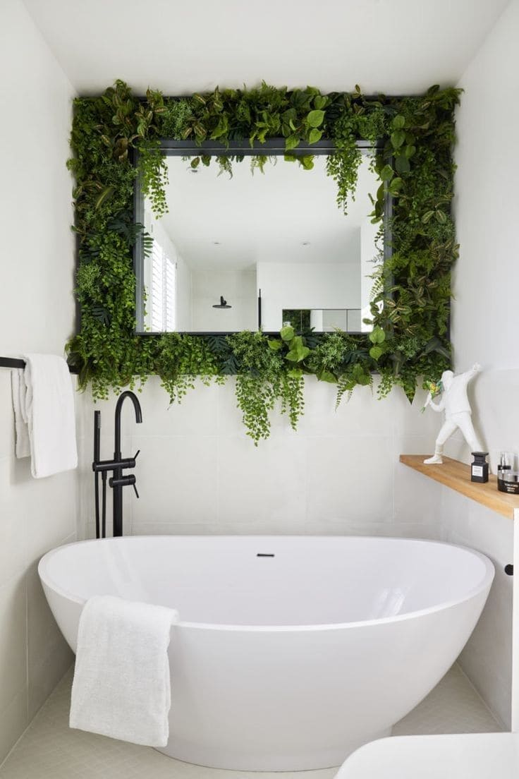 Lush Green Framed Mirror Bathroom Idea