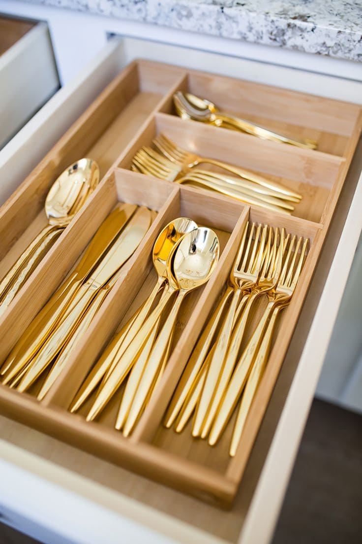 Luxurious Gold Flatware in Wooden Organizer