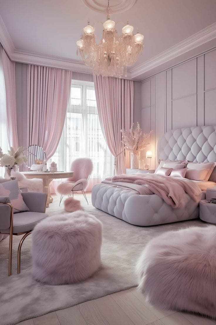 Luxurious Pink Bedroom with Fluffy Seating