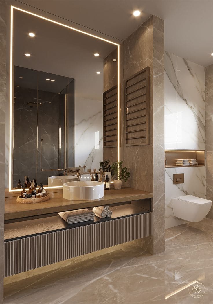 Marble and Wood Bathroom Fusion