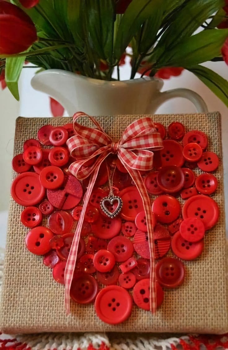 Red Button Heart Canvas Decor