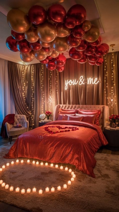 Romantic Bedroom with Balloon Decor and Soft Lighting