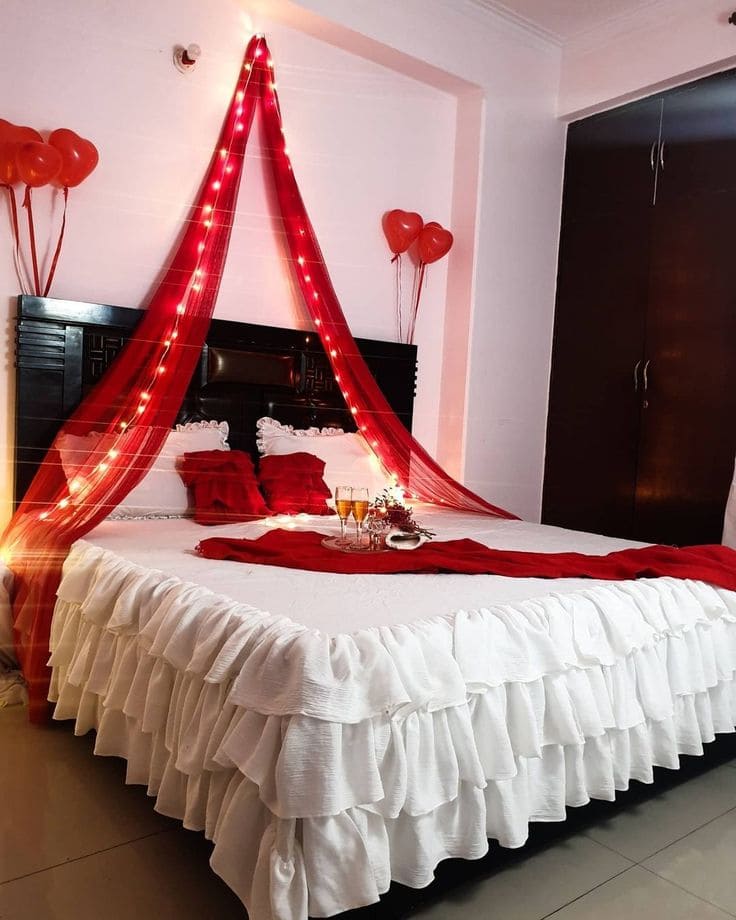 Romantic Bedroom with Red Balloon and Light Canopy