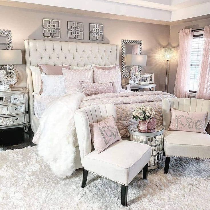 Romantic Blush Bedroom with Elegant Chairs