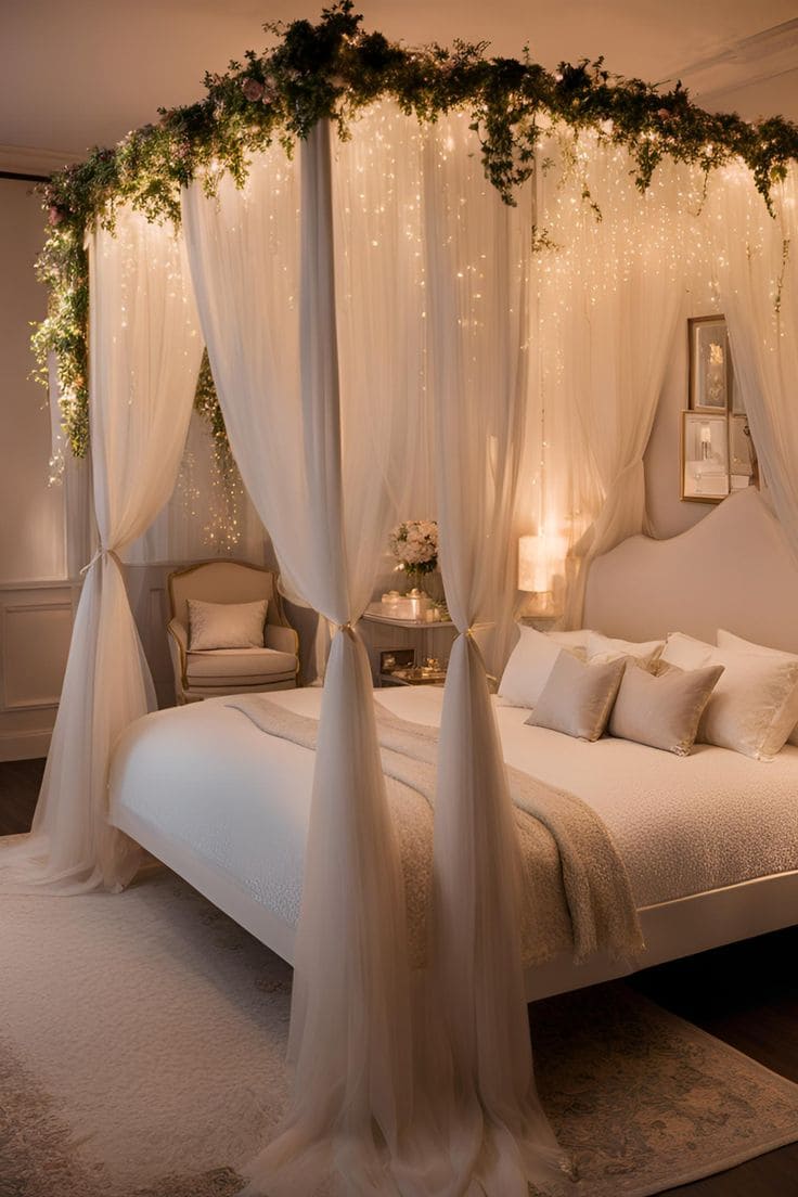 Romantic Canopy Bedroom Design with Twinkling Lights