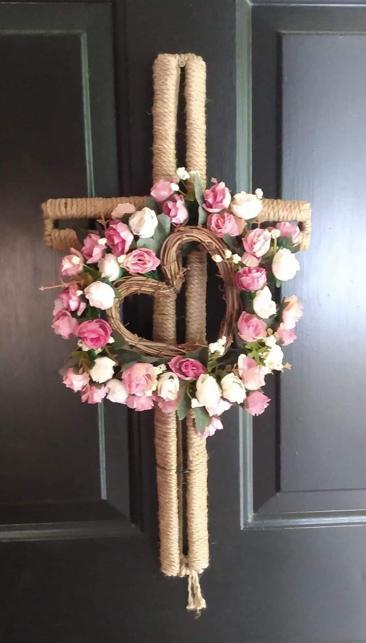 Rustic Easter Cross Wreath with Heart-Shaped Floral Accent