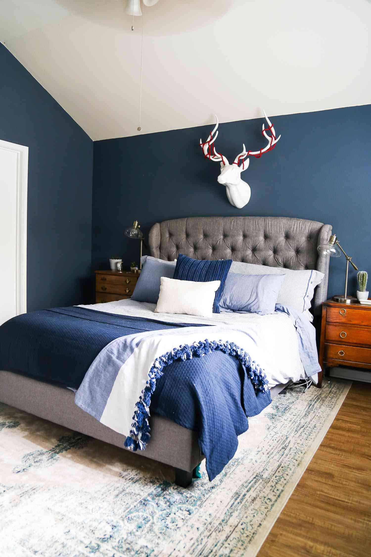 Rustic Elegance in Deep Blue Bedroom