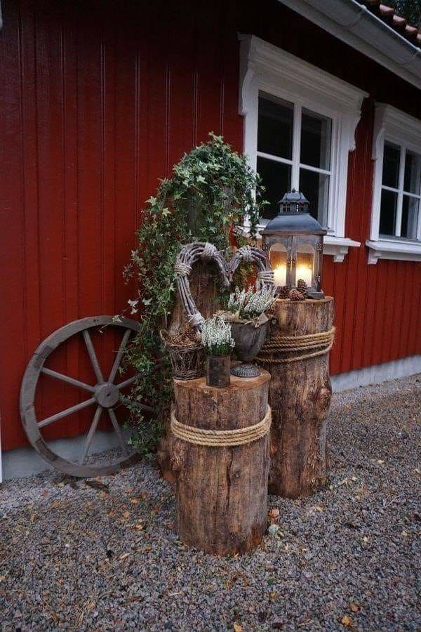 Rustic Lantern and Ivy Tree Stump Display