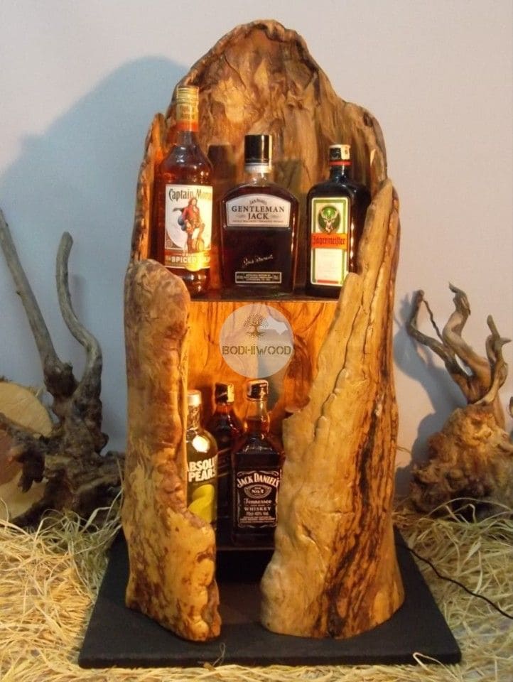 Rustic Tree Stump Whiskey Display Shelf