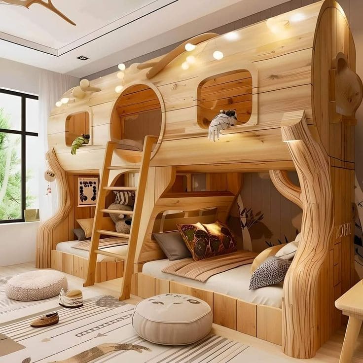 Rustic Treehouse-Inspired Wooden Bunk Beds