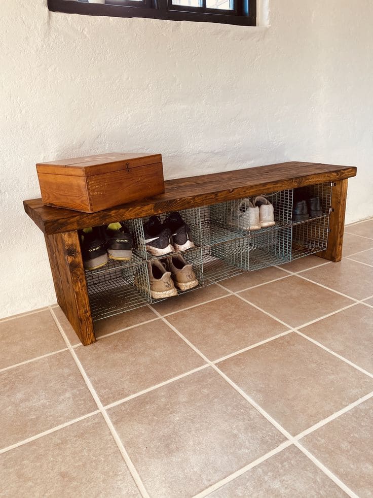 Rustic Wooden Bench Shoe Organizer