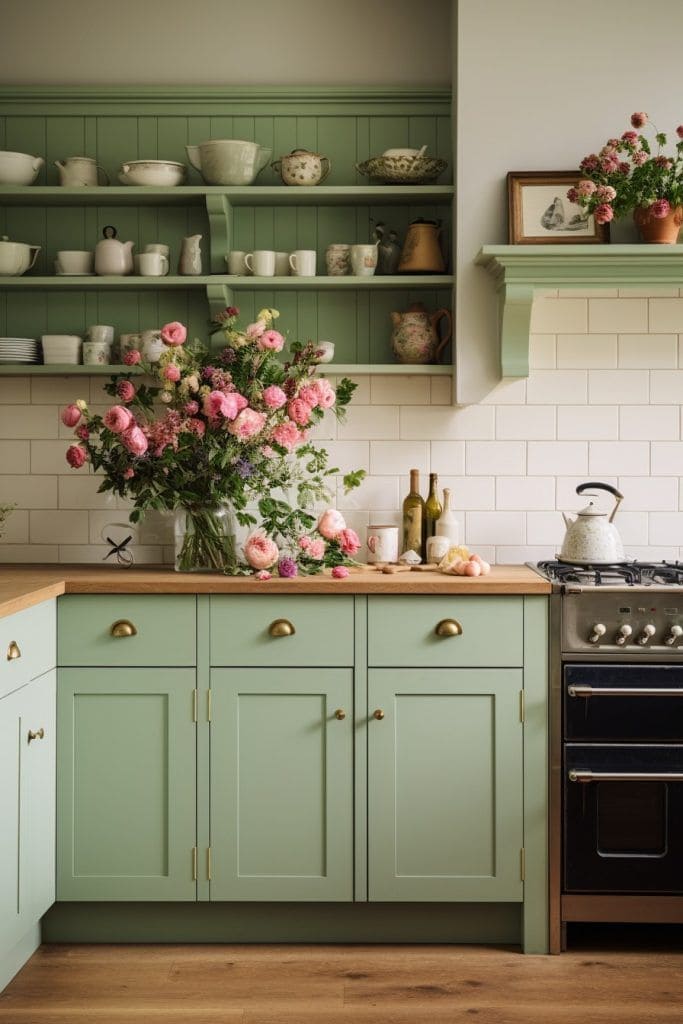 Sage Green Kitchen with Floral Accents