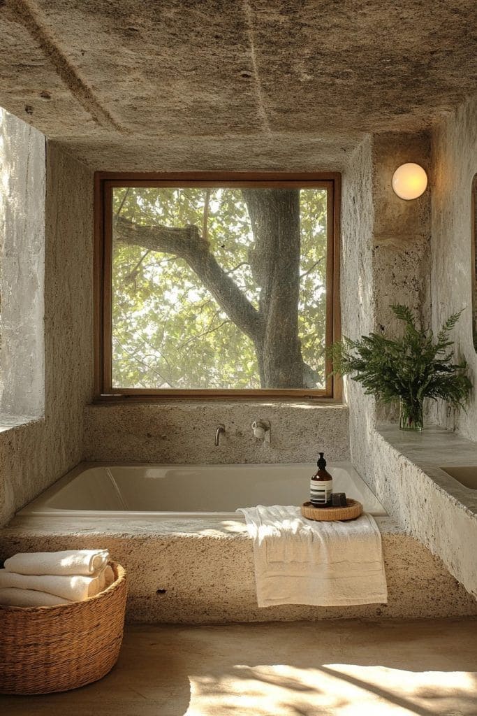 Serene Stone Bathroom with Tree View