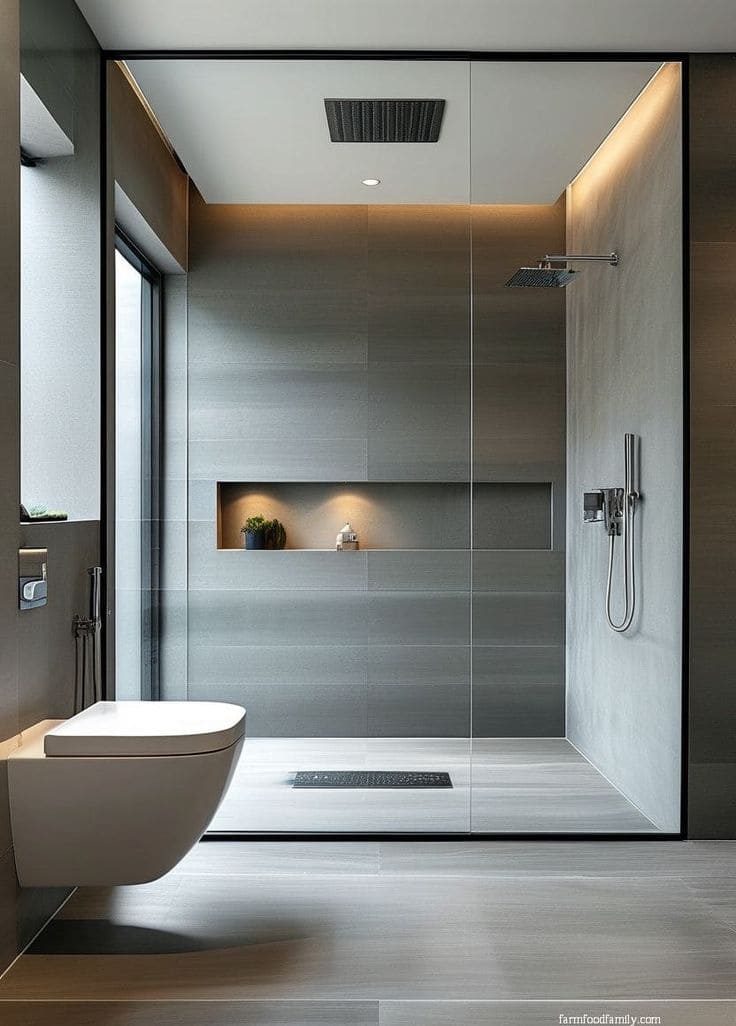 Sleek Grey Shower Retreat with Warm Lighting