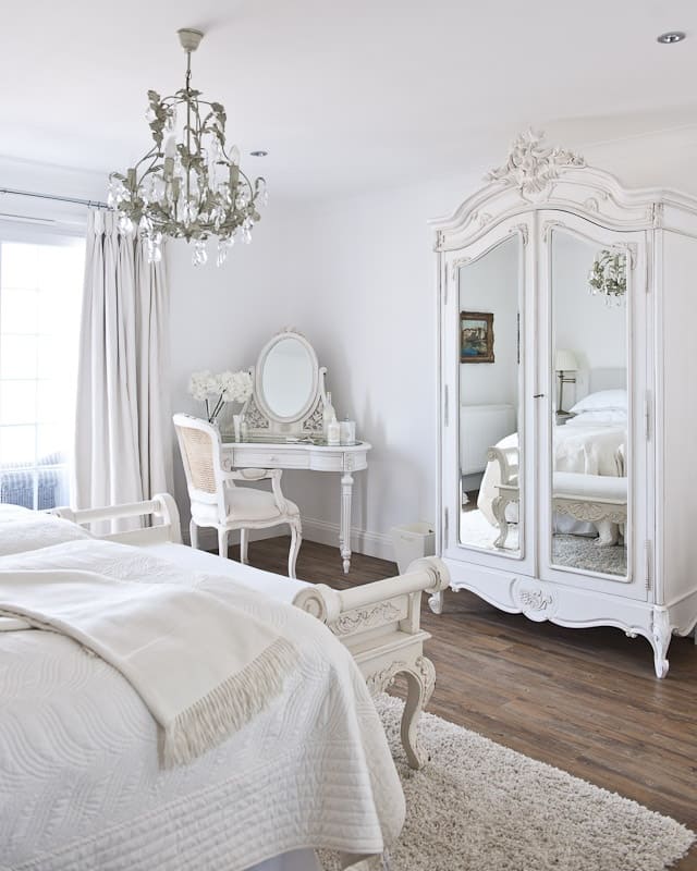 Timeless White Bedroom with Elegant Vanity