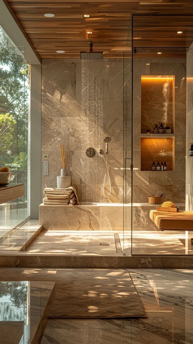 Tranquil Stone Shower with Warm Accents