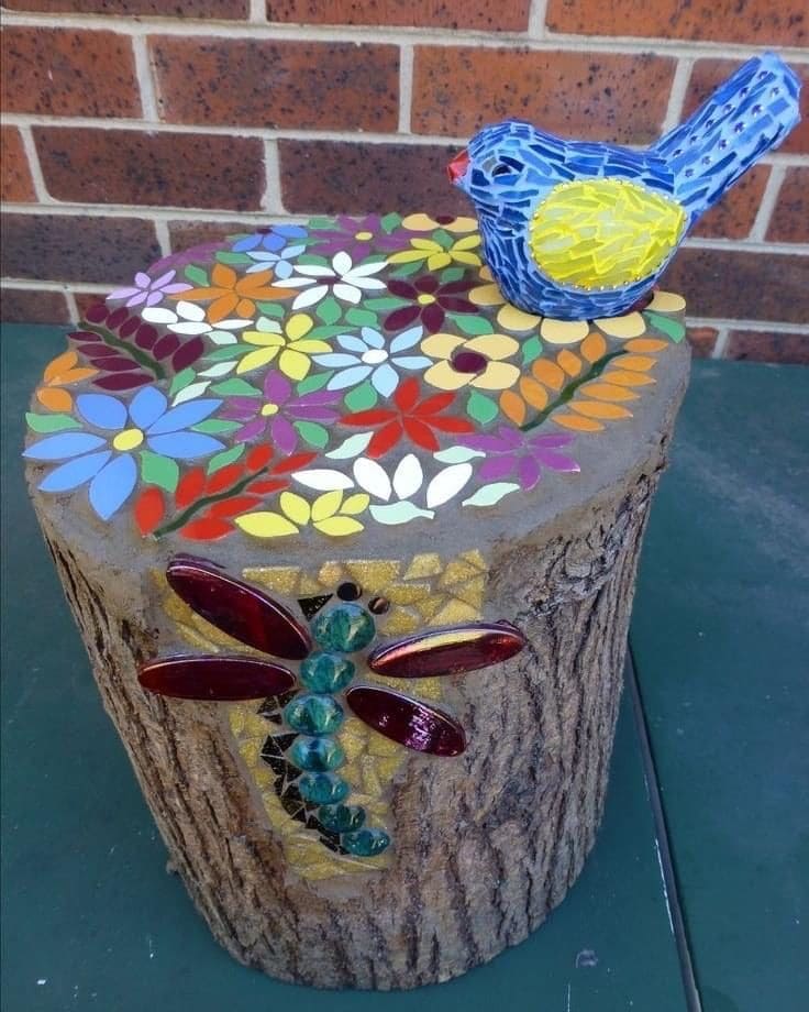 Vivid Mosaic Tree Stump Art Piece