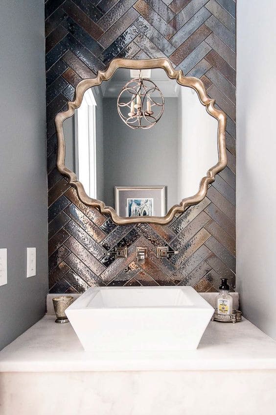 Wavy Metallic Mirror on Chevron Tiles