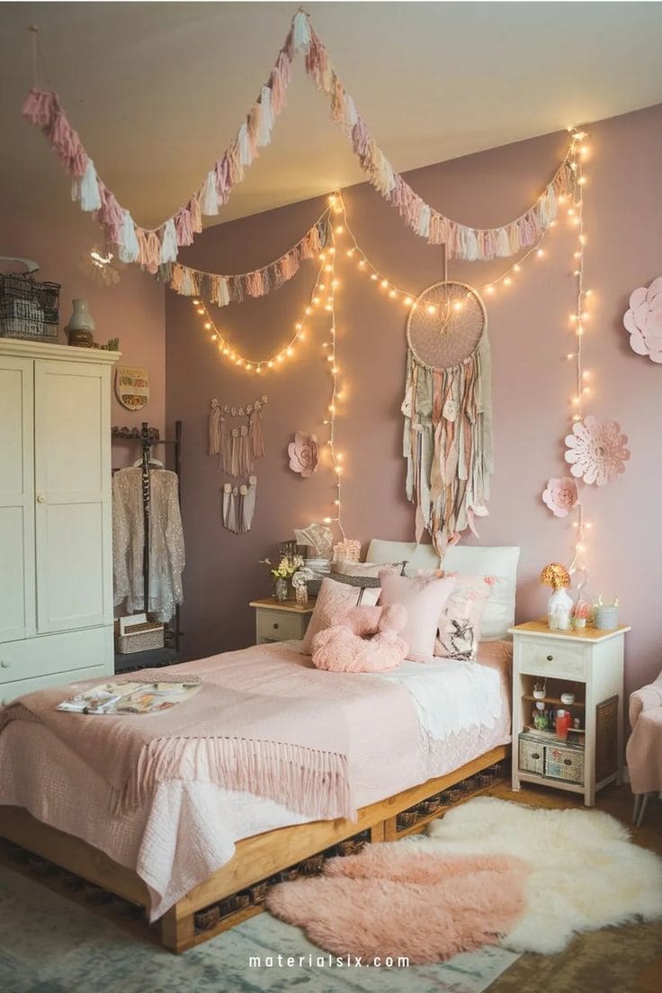 Whimsical Boho Teen Bedroom with String Lights