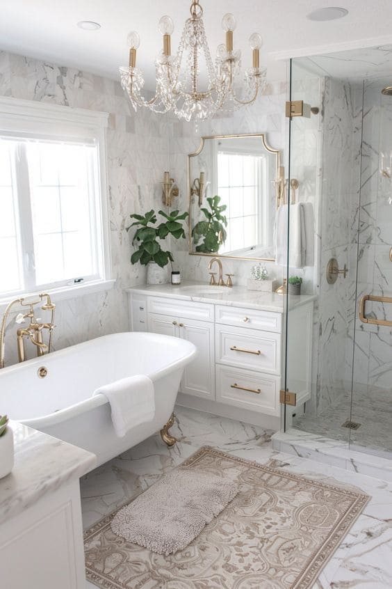 White Marble Bathroom with Golden Accents