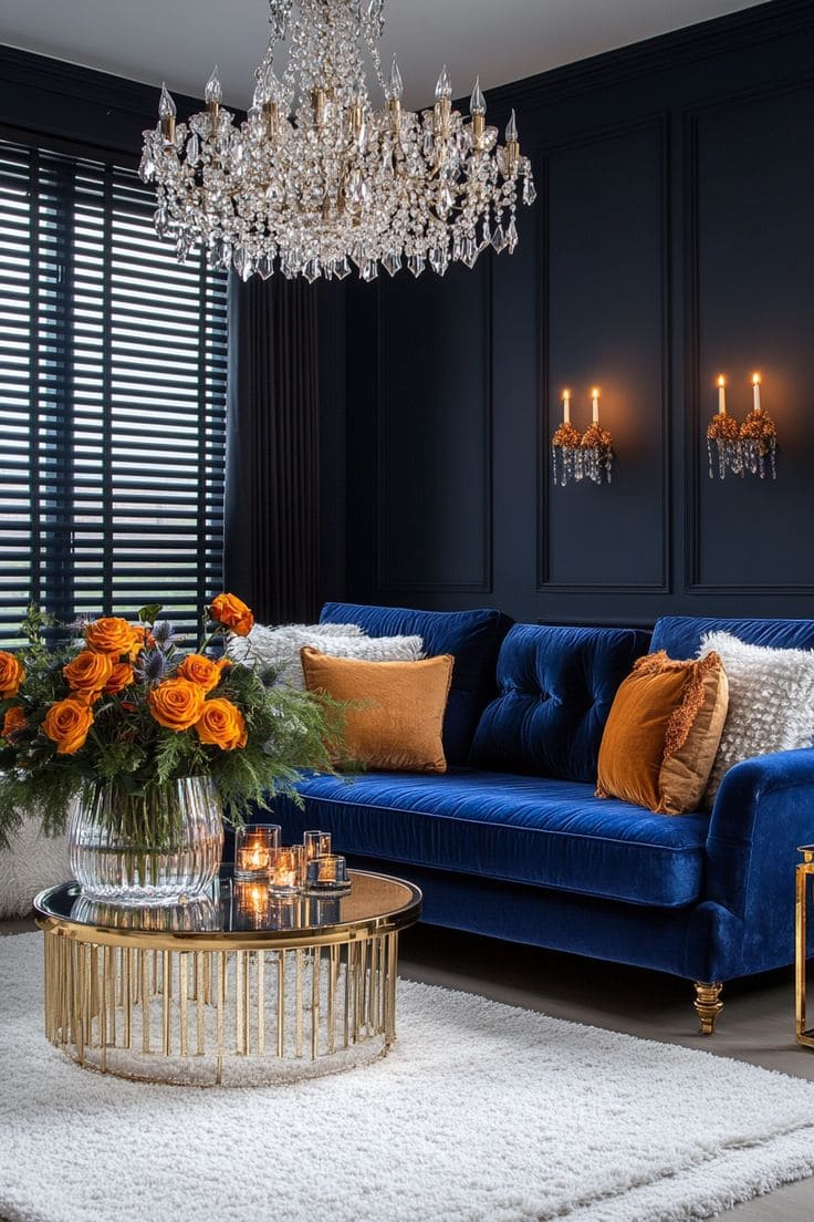 Blue Couch Living Room with Luxe Accents