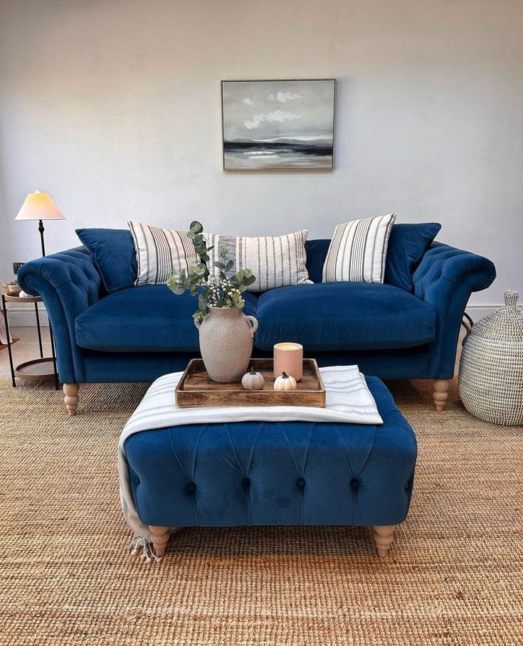 Blue Couch Living Room with Rustic Charm