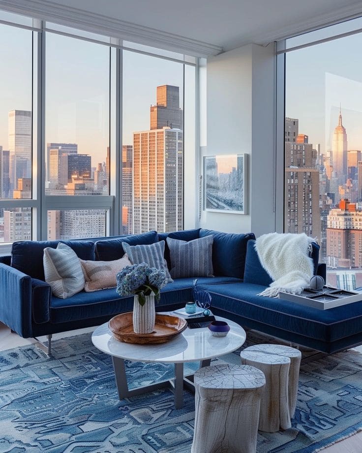 Blue Couch Living Room with a View