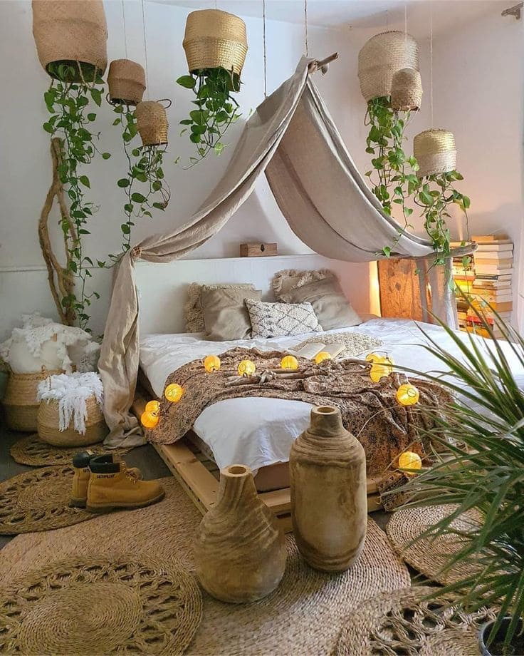 Bohemian Oasis with Hanging Greenery and Natural Accents