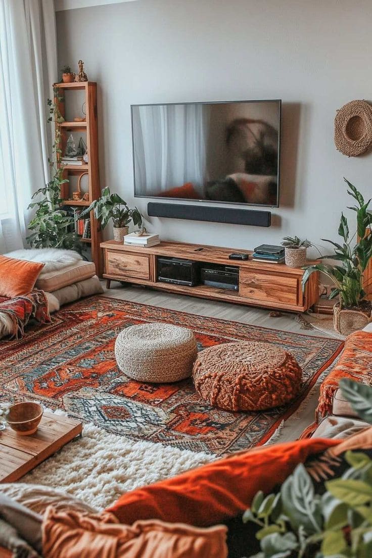 Cozy Bohemian TV Setup with Warm Tones