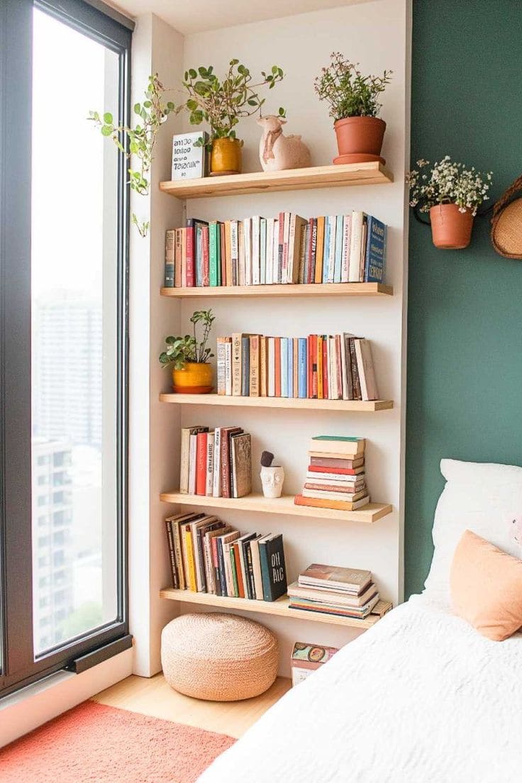 Cozy Floating Bookshelves for Small Bedrooms