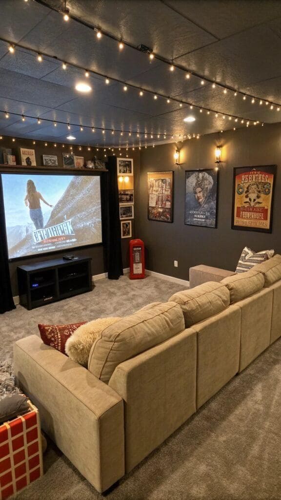 Cozy Home Theater Setup with String Lights