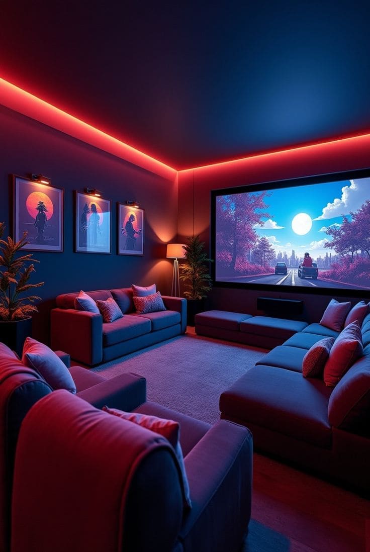 Futuristic Neon-Lit Home Theater Lounge