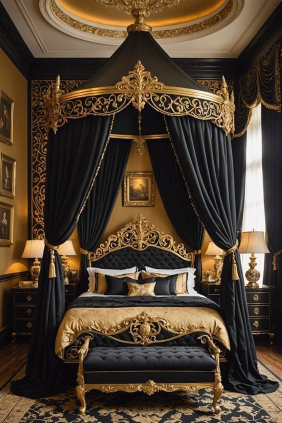 Majestic Black and Gold Canopy Bedroom