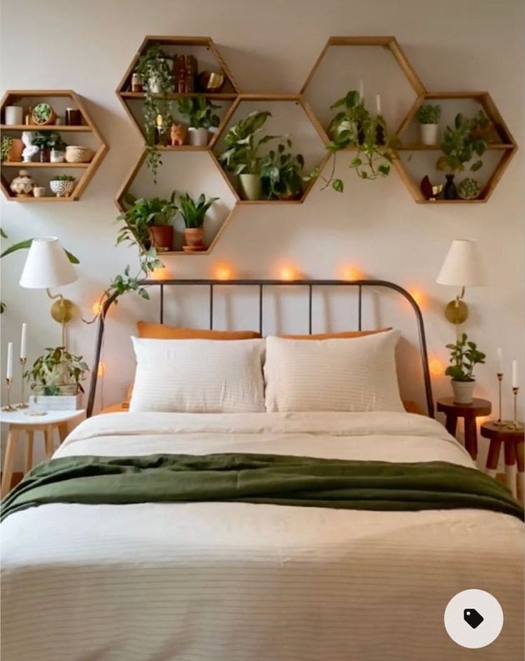 Minimalist Metal and Hexagon Shelf Headboard