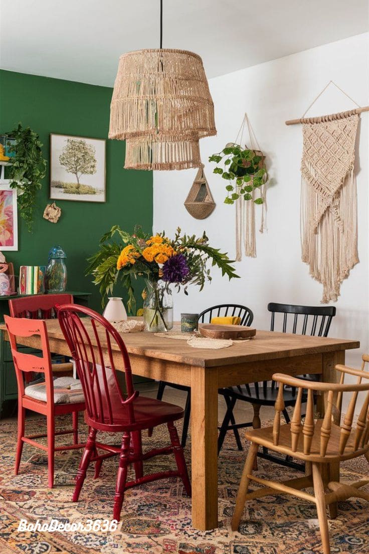 Rustic Boho Dining Setup with Mixed Seating