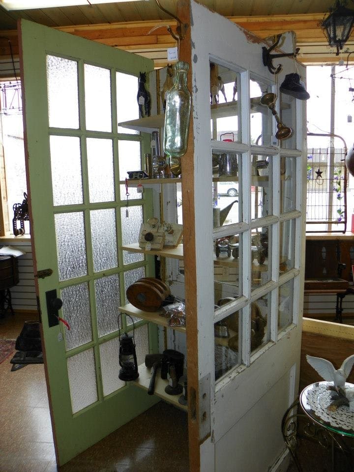 Rustic Glass-Pane Door Display Shelf