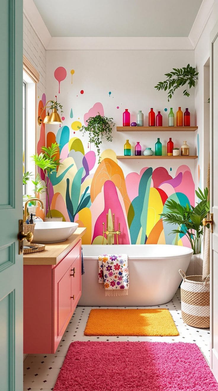 Vibrant Mural Wall for a Playful Bathroom