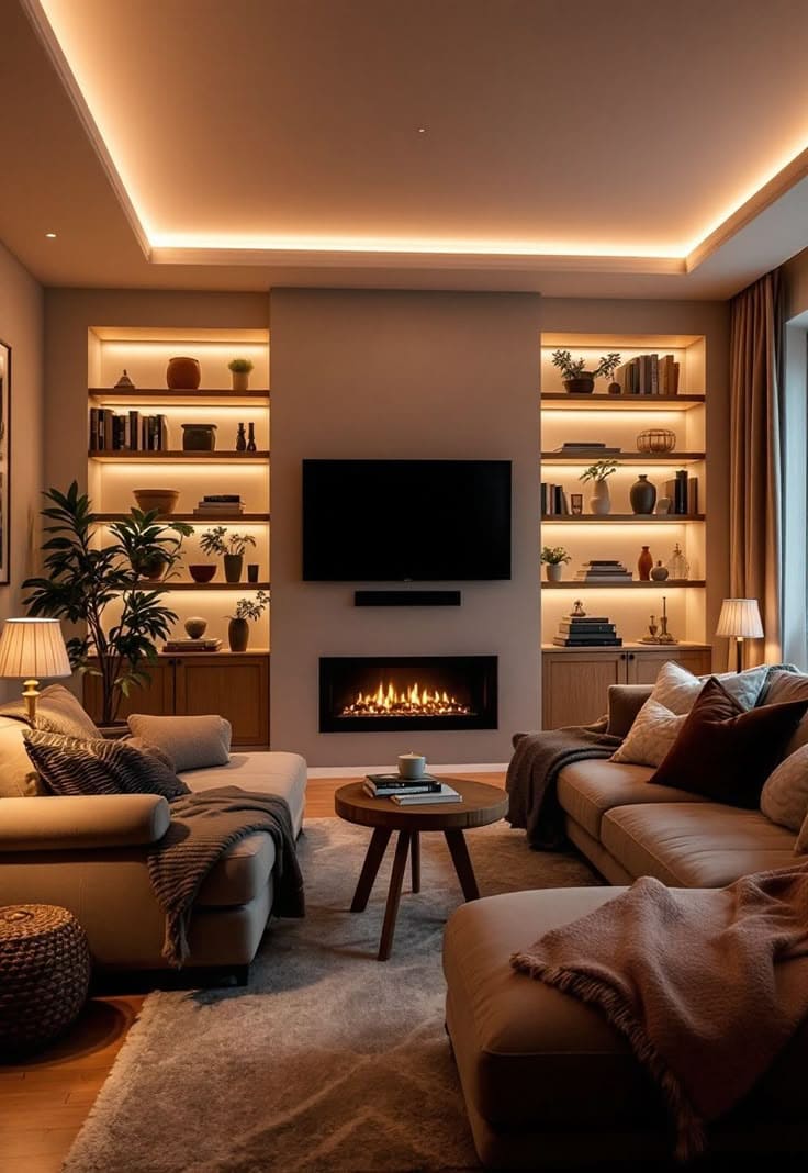 Warm and Elegant Fireplace TV Setup