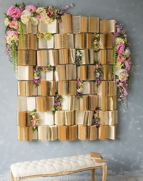 Whimsical Book Wall with Floral Elegance