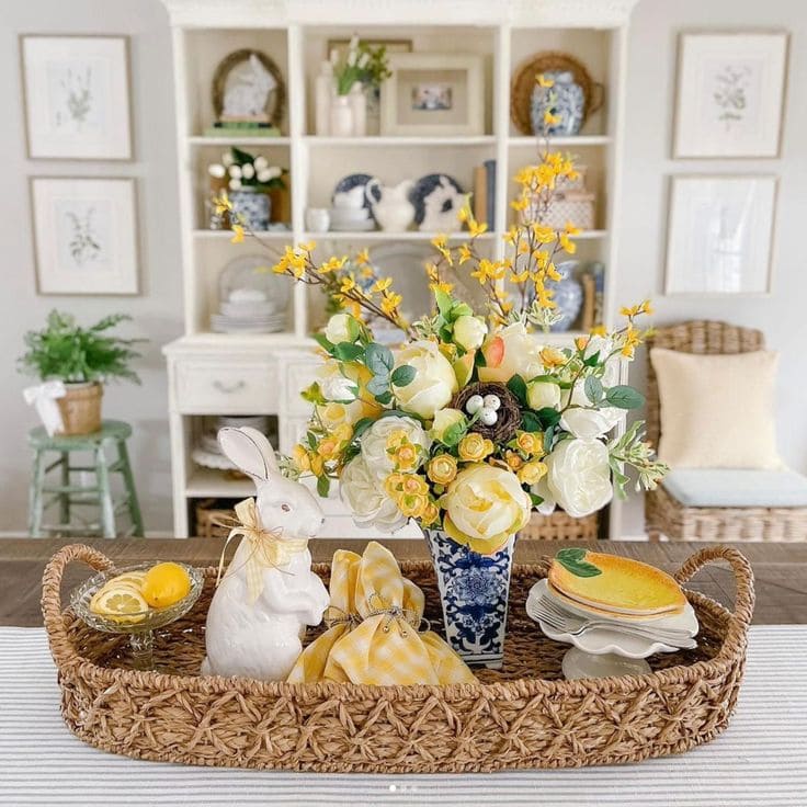 Cheerful Bunny Floral Wicker Tray