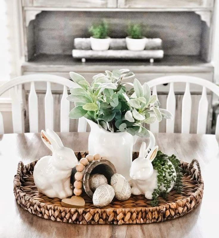 Elegant Bunny Greenery Wicker Tray