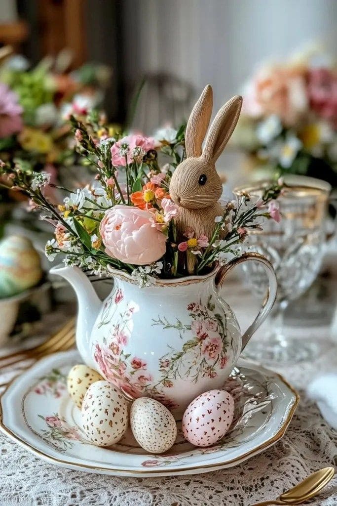 Elegant Teapot Floral Bunny Accent