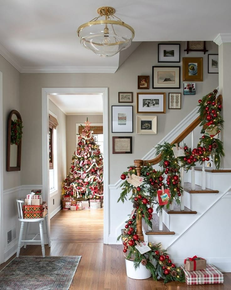 Festive Red-Ornamented Christmas Staircase Charm