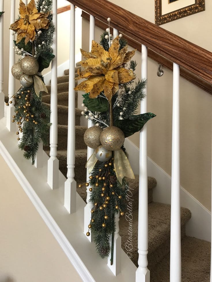 Glittering Gold-Poinsettia Christmas Staircase Elegance