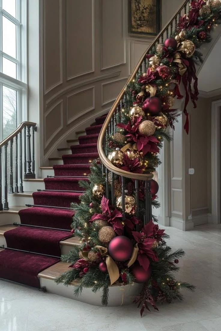 Luxurious Red-and-Gold Christmas Staircase Glamour