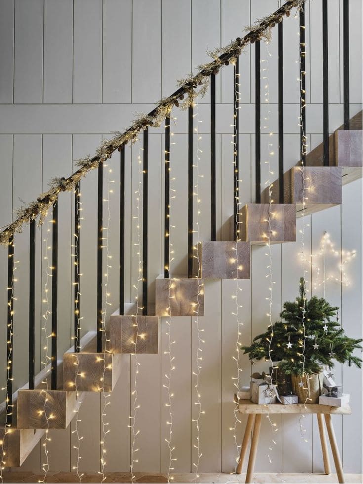 Minimalist Eucalyptus-Lit Christmas Staircase Glow