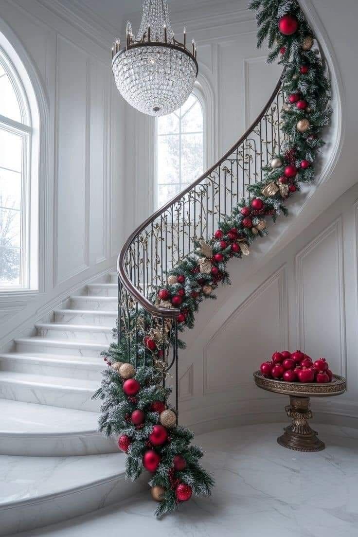 Opulent Ornamental Christmas Staircase Splendor