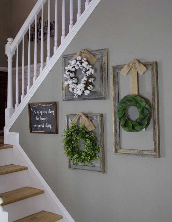 Rustic Wreath Staircase Frame Decor