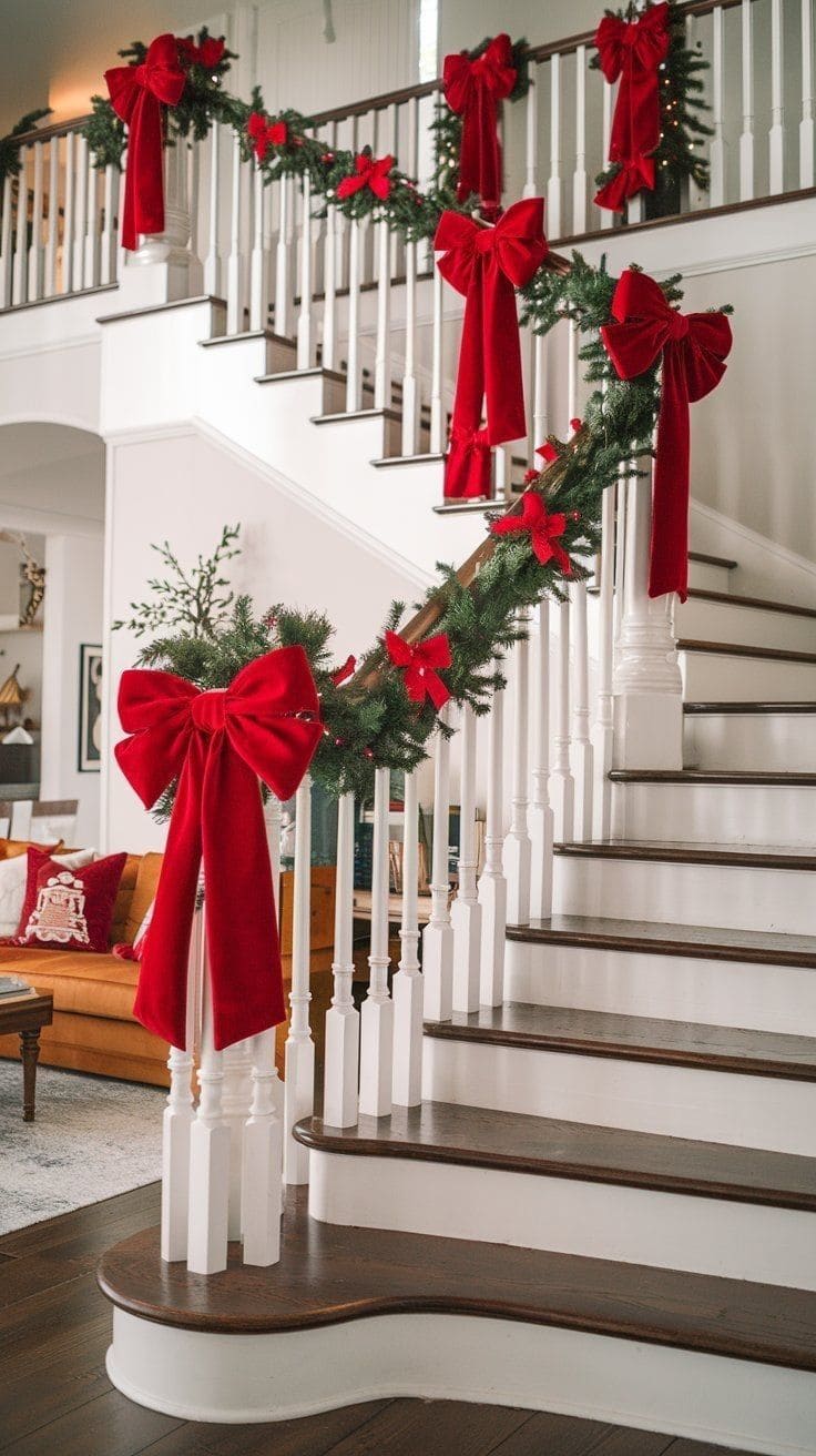 Vibrant Bow-Adorned Christmas Staircase Delight